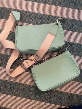Mint Green Leather Crossbody Bag Set with Adjustable Strap made in Italy